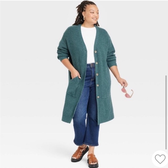 AVA & VIV Green Open Ribbed Cardigan Sweater Duster Long 1X Ultrasoft - Picture 3 of 12